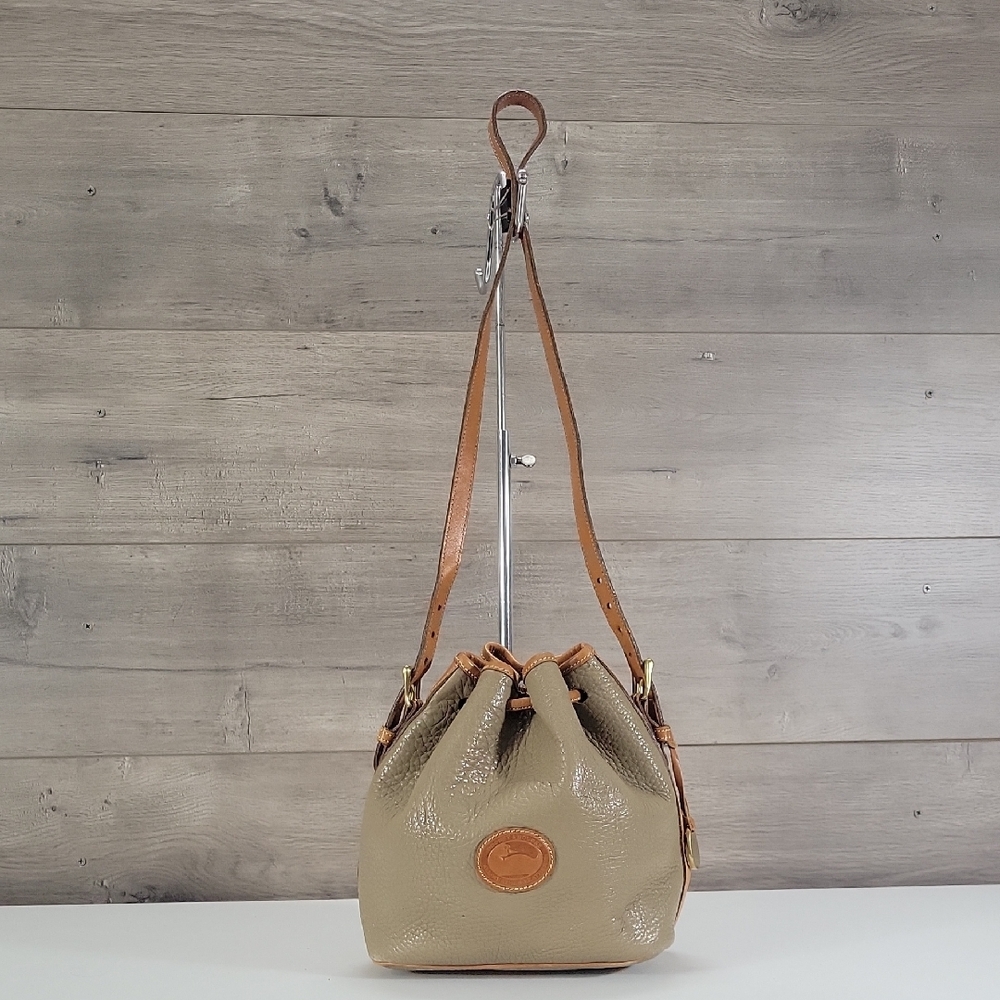Vintage Dooney & Bourke Taupe Leather Drawstring Bucket Bag with Tan Trim
